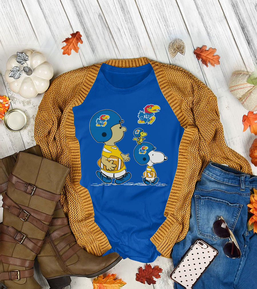 Kansas Jayhawks Football KU Snoopy and Woodstock Helmets T-Shirt