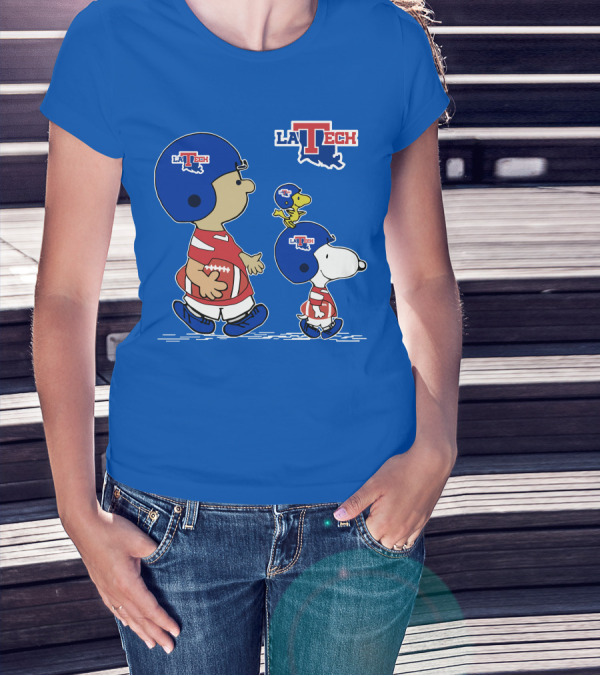 LA Tech Snoopy Football Helmet With Woodstock And Charlie Brown T-Shirt