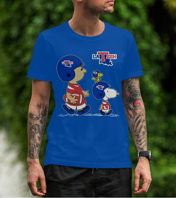 LA Tech Snoopy Football Helmet With Woodstock And Charlie Brown T-Shirt