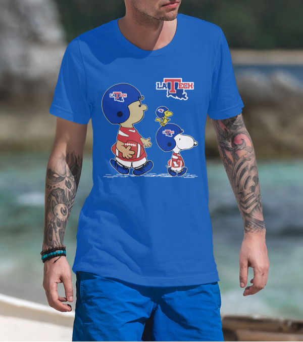 LA Tech Snoopy Football Helmet With Woodstock And Charlie Brown T-Shirt