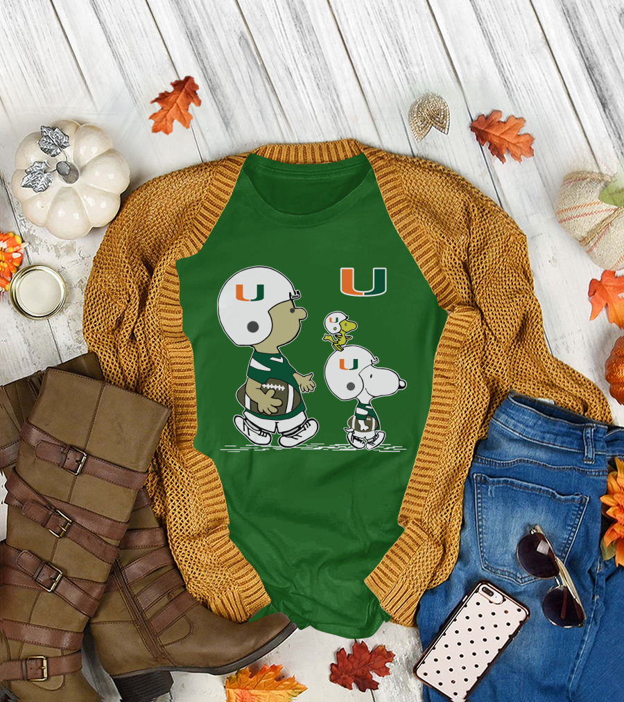 Miami Hurricanes Snoopy and Woodstock Football Helmets Peanuts Comic T-Shirt