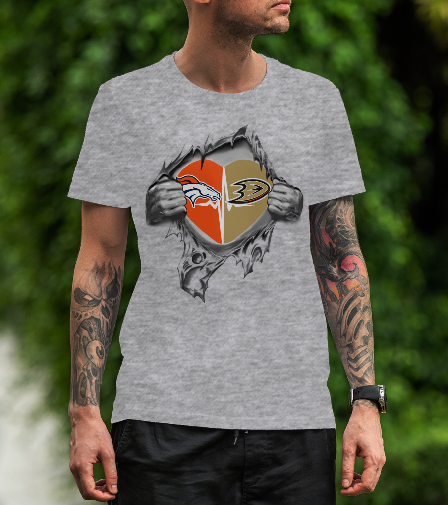 Broncos Anaheim Ducks Split Heart Loyalty Torn Open T-Shirt