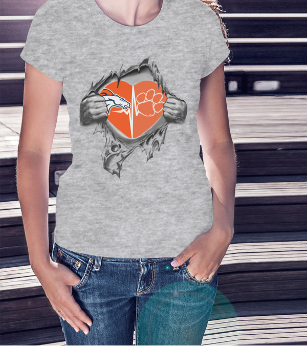 Broncos Clemson Tigers Heart Design Dual Logo With Rip Effect T-Shirt