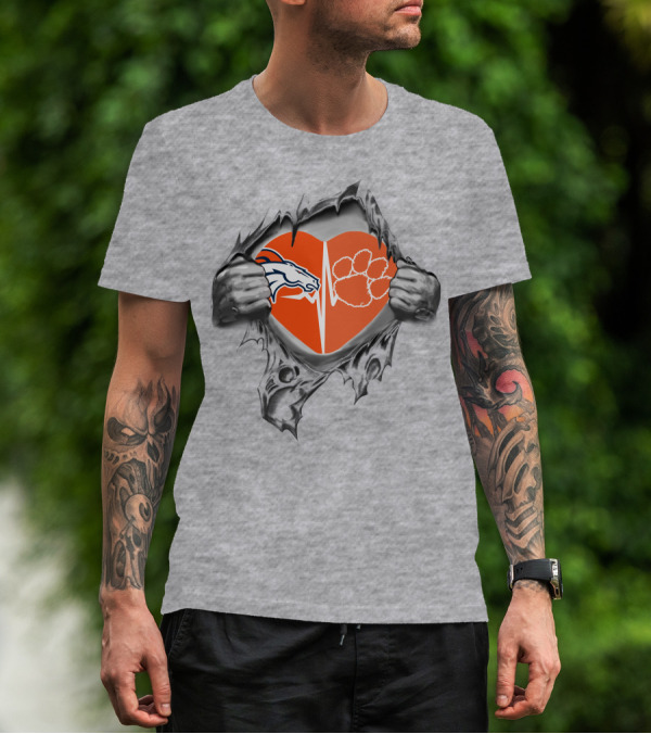 Broncos Clemson Tigers Heart Design Dual Logo With Rip Effect T-Shirt