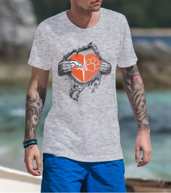 Broncos Clemson Tigers Heart Design Dual Logo With Rip Effect T-Shirt