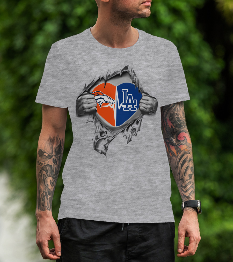 Broncos Dodgers Heartbeat Fusion Logo With Ripped Heart T-Shirt