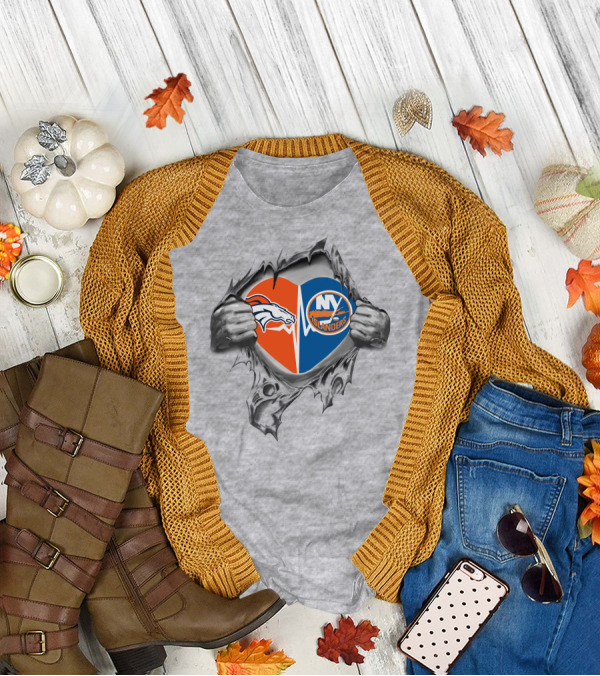 Broncos Islanders Heart Ripped Open Passion Nfl Nhl Team Spirit T-Shirt