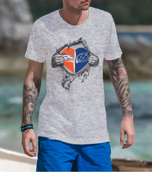 Broncos Lightning Heart With Torn Hands T-Shirt