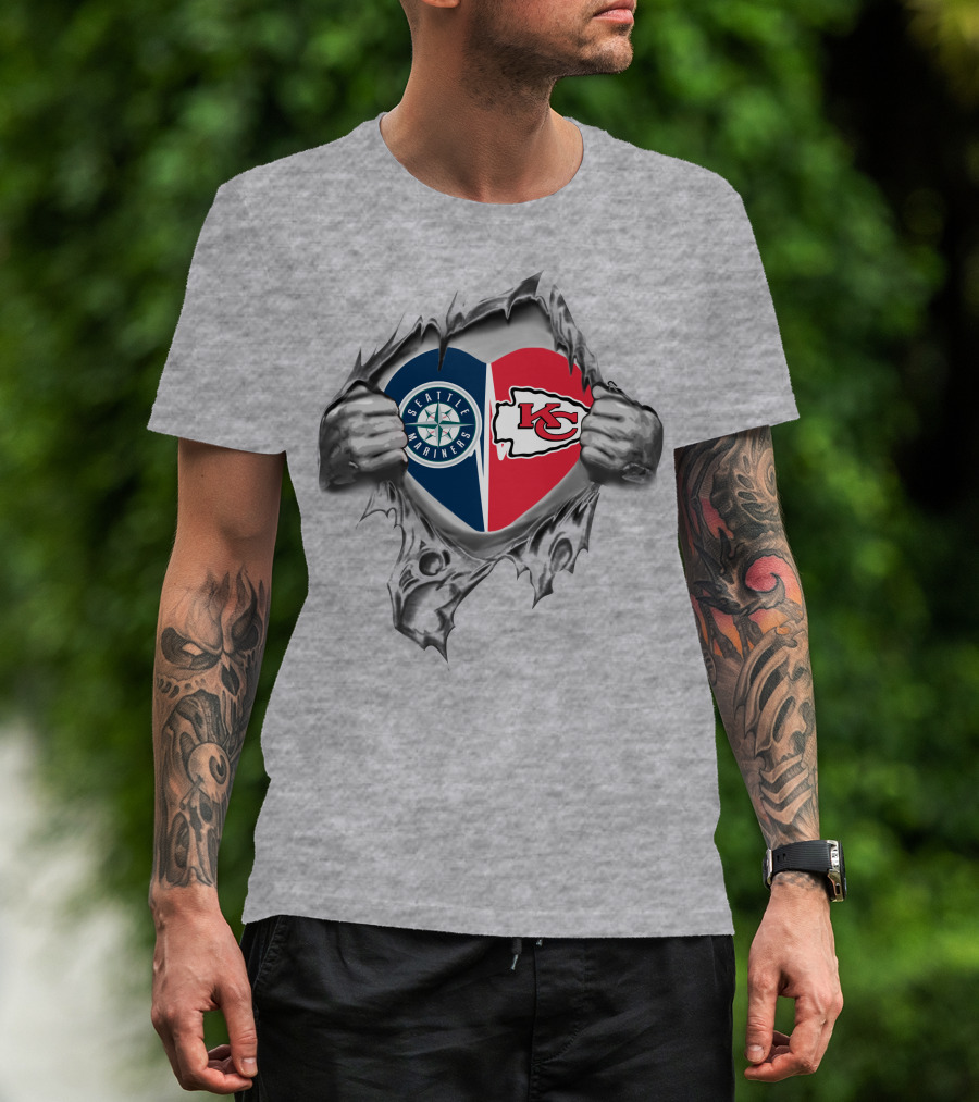 Seattle Mariners Kansas City Chiefs Heart Logos T-Shirt