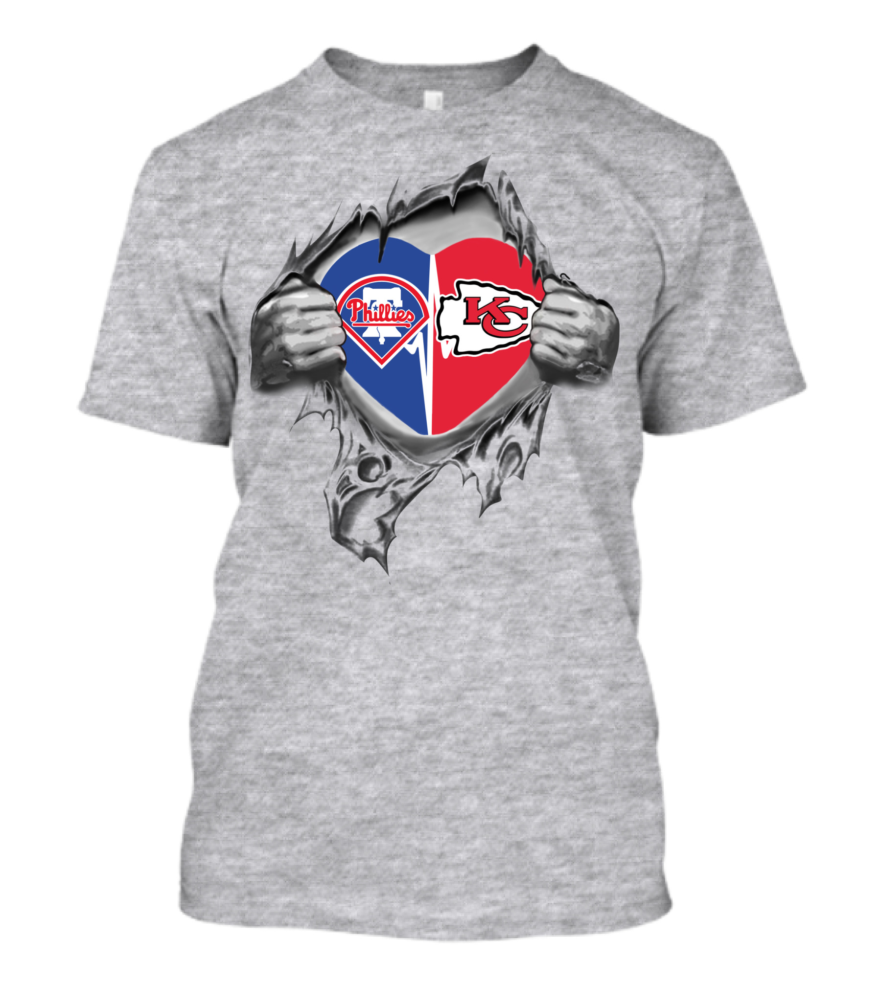 Phillies Chiefs Split Heart Torn Open Hands T-Shirt