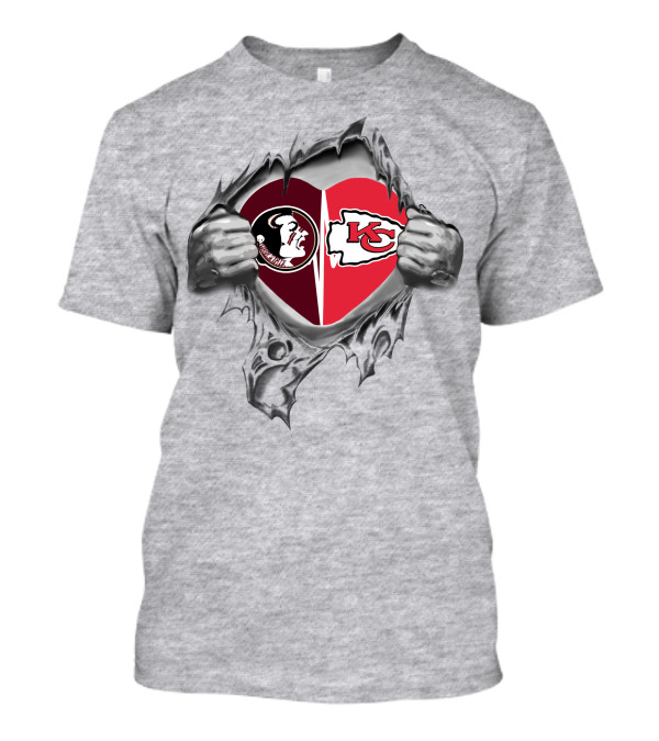Chiefs Seminoles Heart Symbol With Foam Fingers And Logos In Torn Fabric T-Shirt