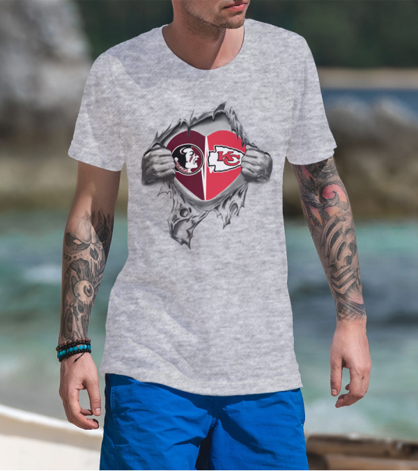 Chiefs Seminoles Heart Symbol With Foam Fingers And Logos In Torn Fabric T-Shirt