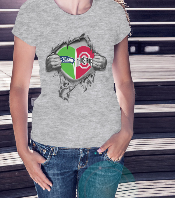 Seahawks Ohio State Split Heart Logo In Hand Tear T-Shirt