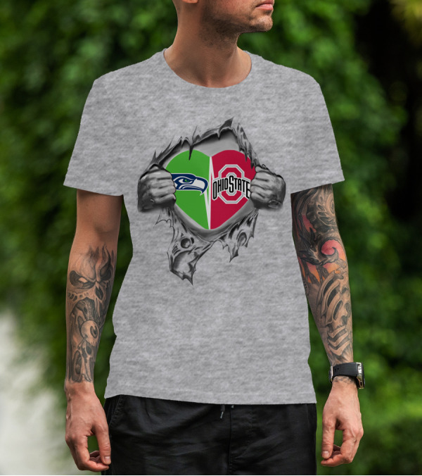 Seahawks Ohio State Split Heart Logo In Hand Tear T-Shirt