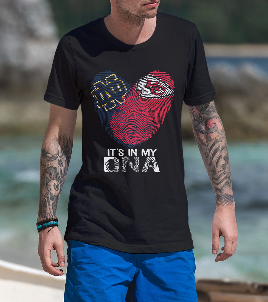 Notre Dame And Kansas City Chiefs Fingerprint Heart It's In My DNA T-Shirt