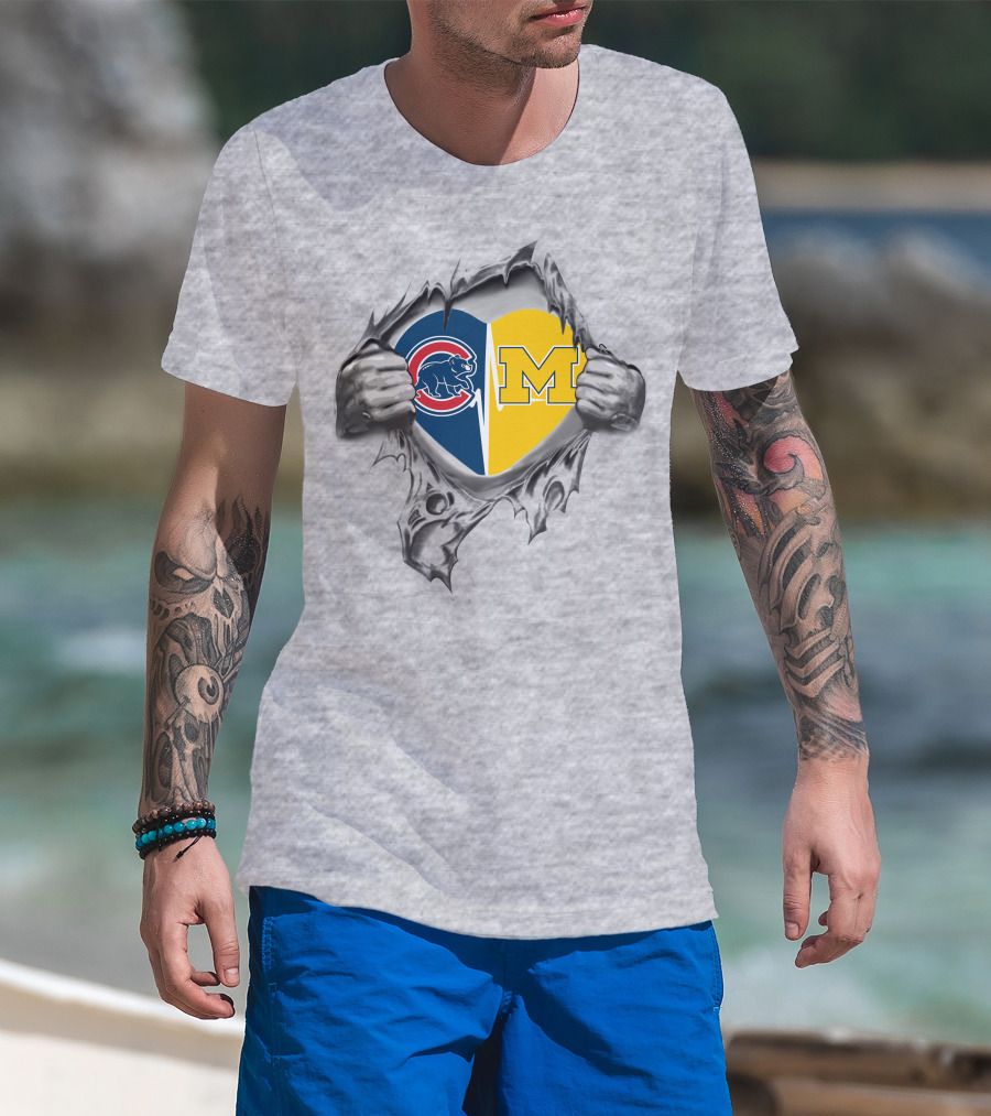 Cubs Michigan Heart Emblem With Hands Tearing T-Shirt