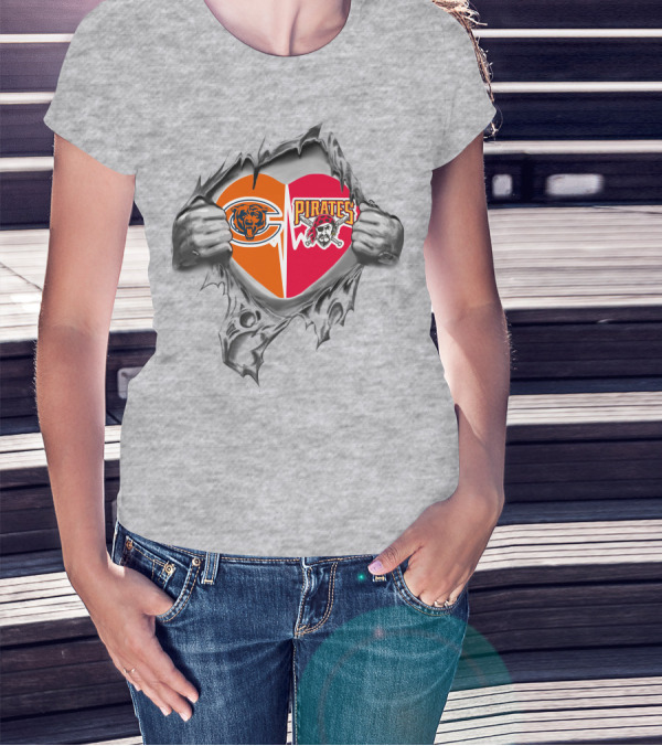 Bears Pirates Heart With Logos Chicago Bears Pittsburgh Pirates Combination T-Shirt