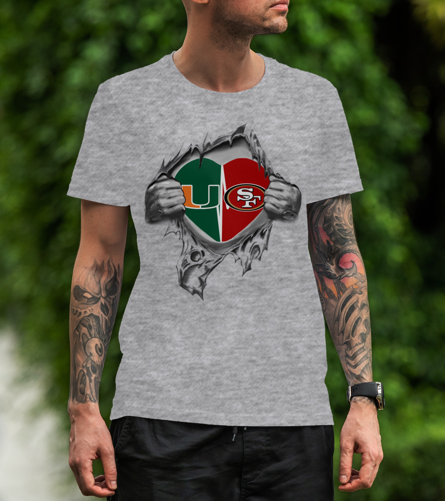 University Of Miami Hurricanes And San Francisco 49ers Split Heart T-Shirt