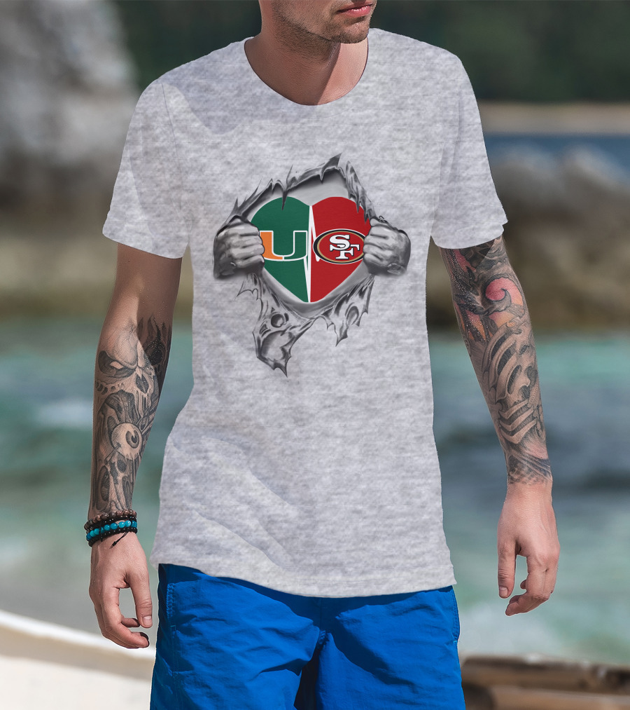 University Of Miami Hurricanes And San Francisco 49ers Split Heart T-Shirt