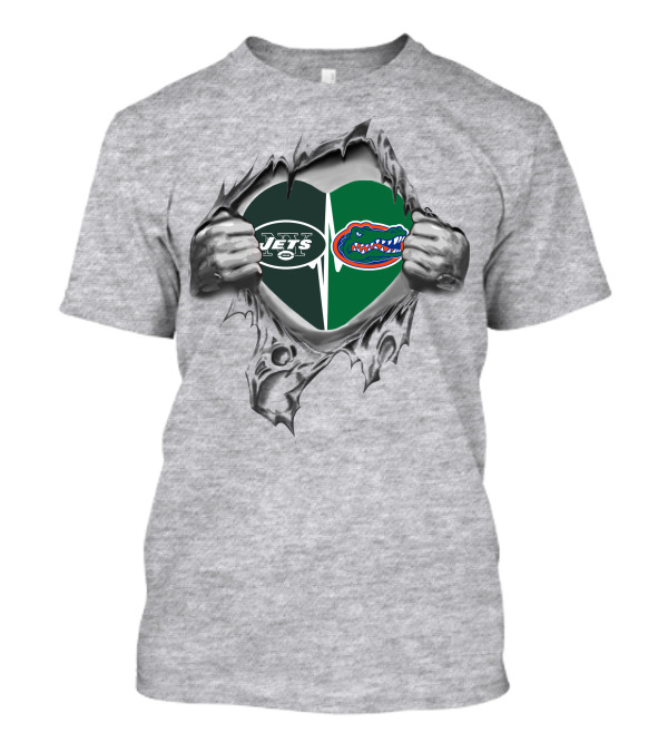 Jets Gators Heart Rip Logo NFL New York Florida Combo T-Shirt