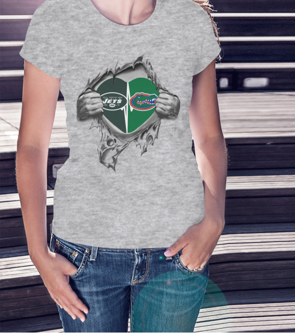 Jets Gators Heart Rip Logo NFL New York Florida Combo T-Shirt