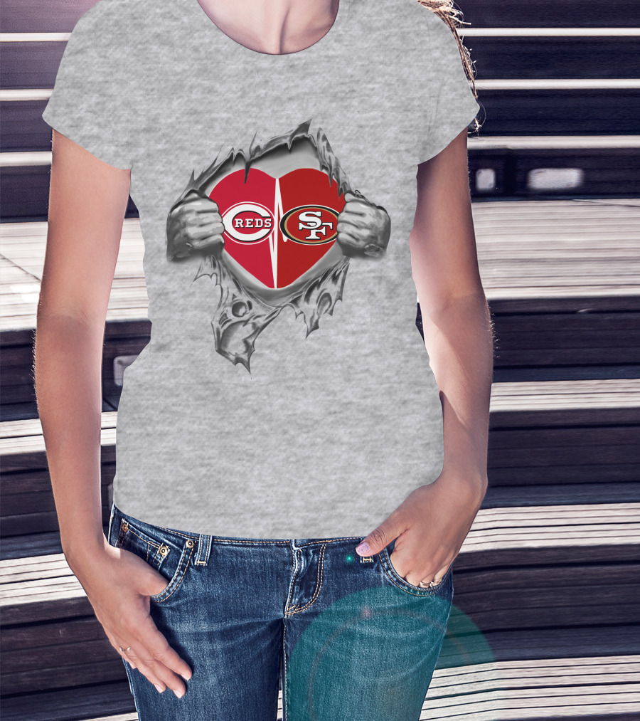 San Francisco 49ers And Cincinnati Reds Heart Tear T-Shirt