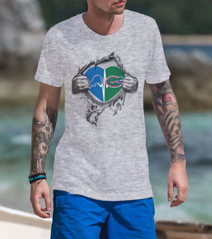 Detroit Lions Florida Gators Heart Torn Effect T-Shirt
