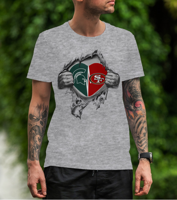 49ers Spartans Heart Logos Pulled By Hands T-Shirt
