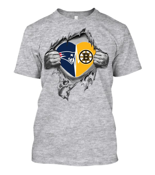 New England Patriots Boston Bruins Heart Logo Fusion T-Shirt