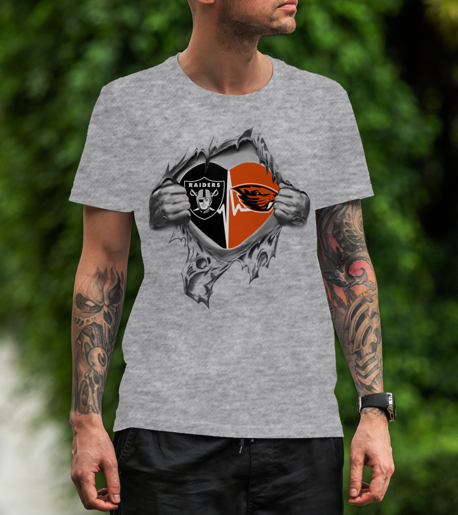 Raiders Beavers Heart Symbol With Hands And Logo Elements T-Shirt