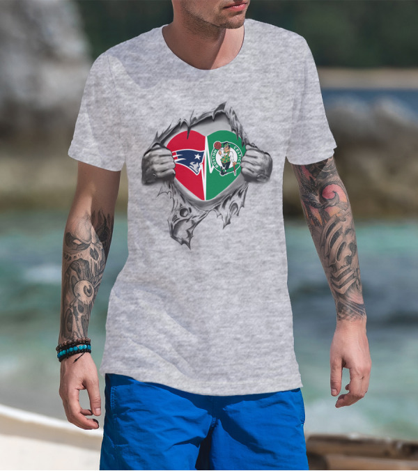 Patriots And Celtics Heart Symbol Pulled Open By Hands T-Shirt