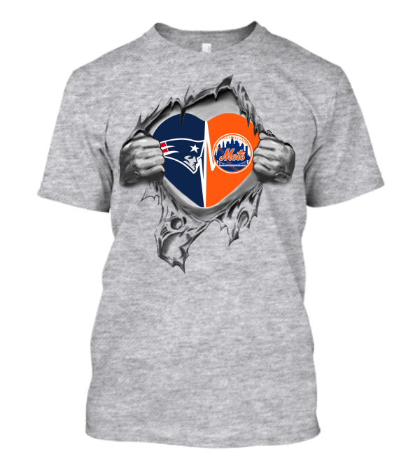 Patriots Mets Heart Design Featuring Iconic Logos And Split Color Scheme T-Shirt