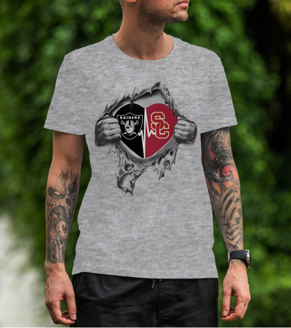 Raiders Trojans Heartbeat Logo Inside Torn Chest T-Shirt