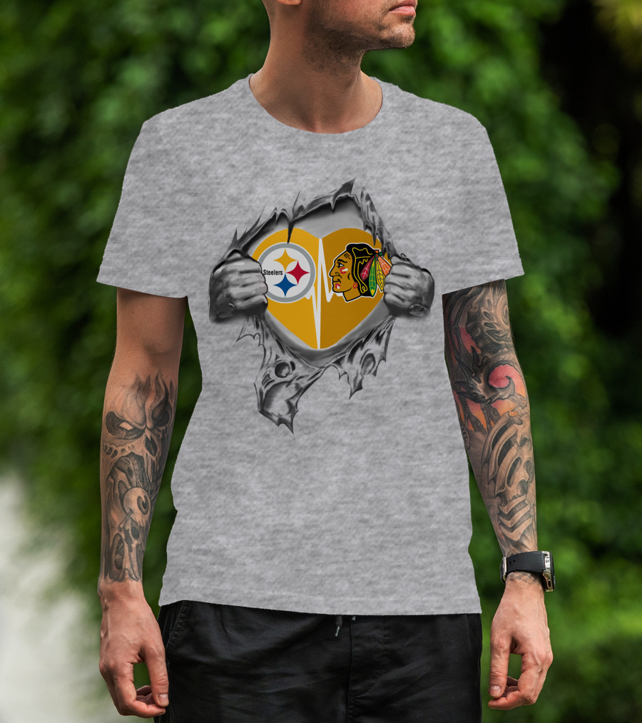 Steelers Blackhawks Heart Exposed Through Torn Surface Hands T-Shirt