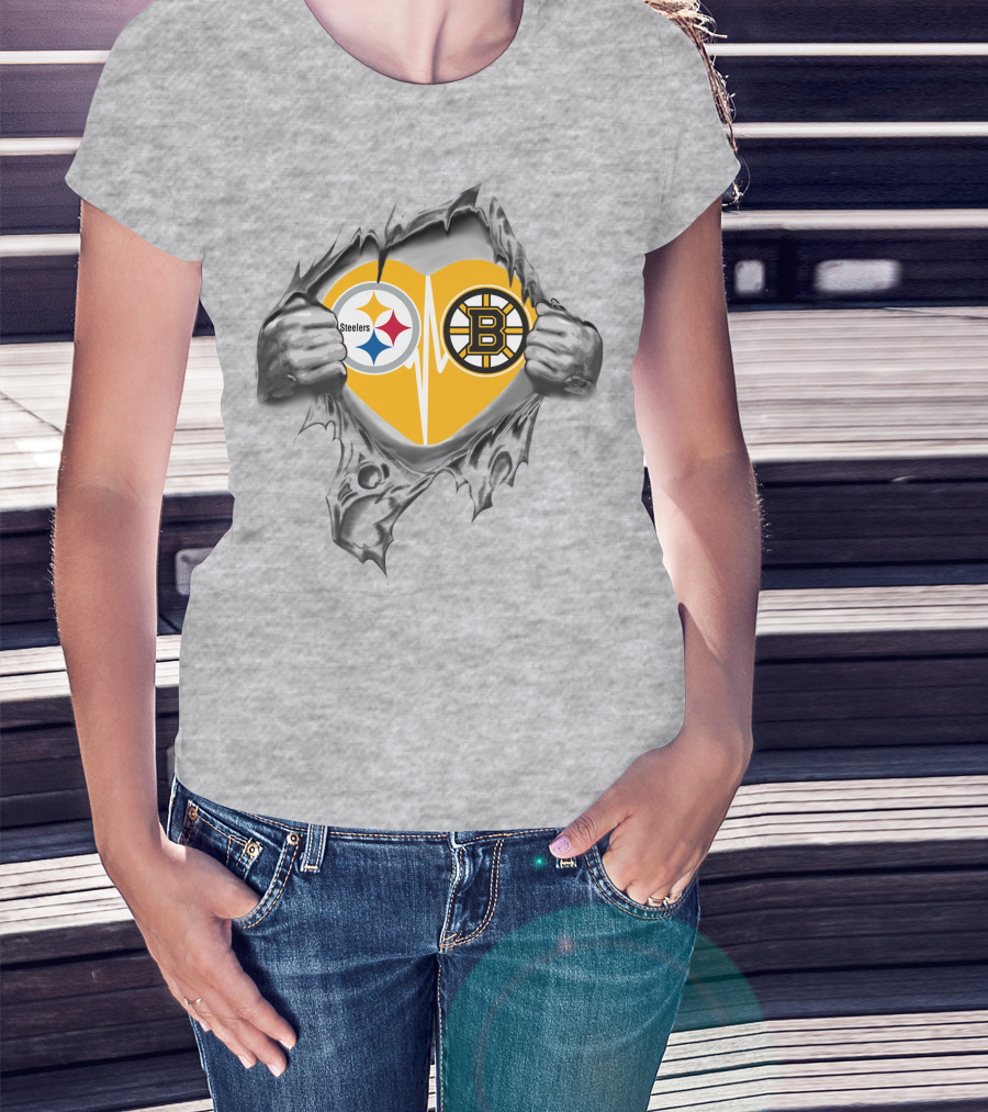 Steelers Bruins Heart Torn Open With Logos T-Shirt