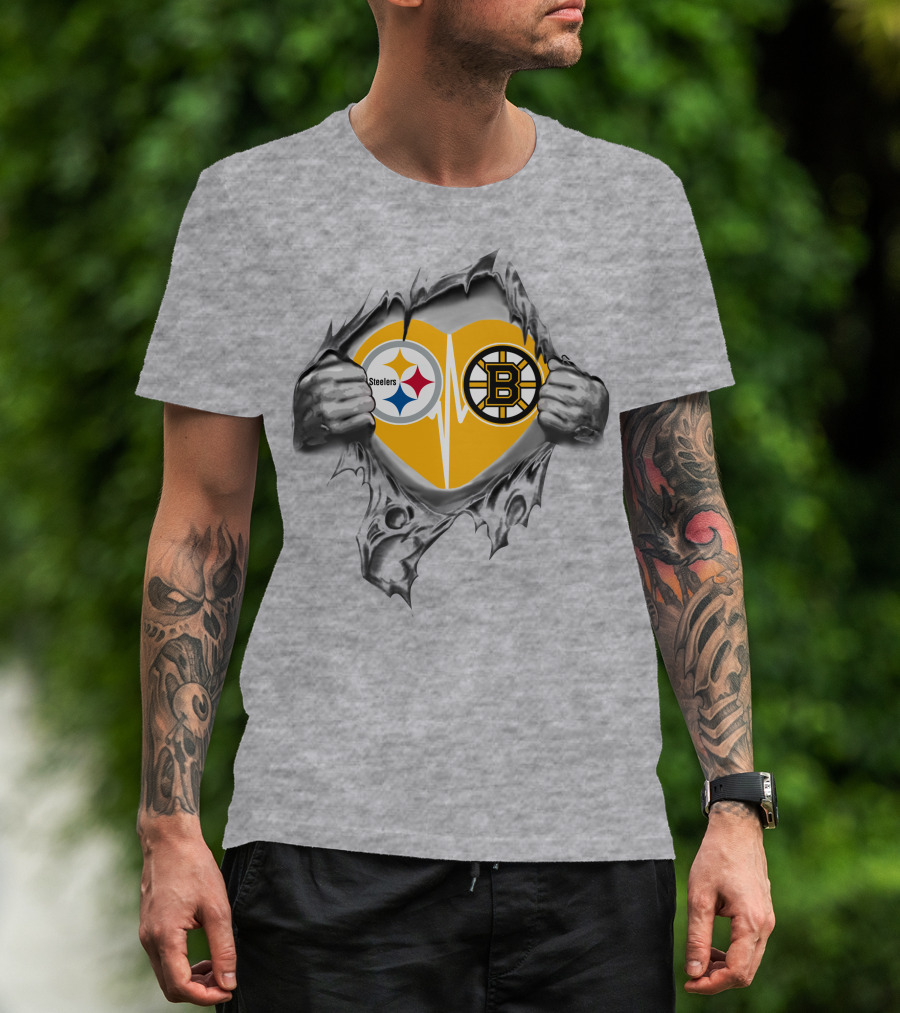 Steelers Bruins Heart Torn Open With Logos T-Shirt
