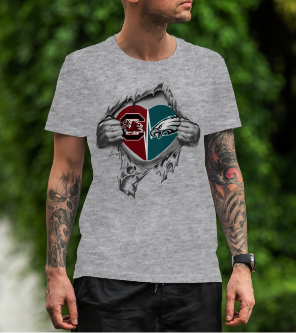 Eagles Gamecocks Heart Logo With Split Design And Hand Rip Effect T-Shirt