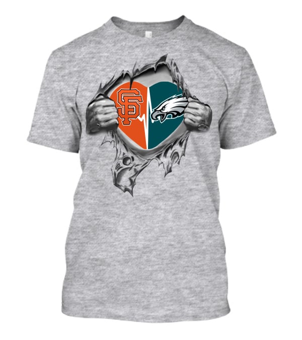Eagles Giants Heart Logos Torn Fabric Teared Hands T-Shirt
