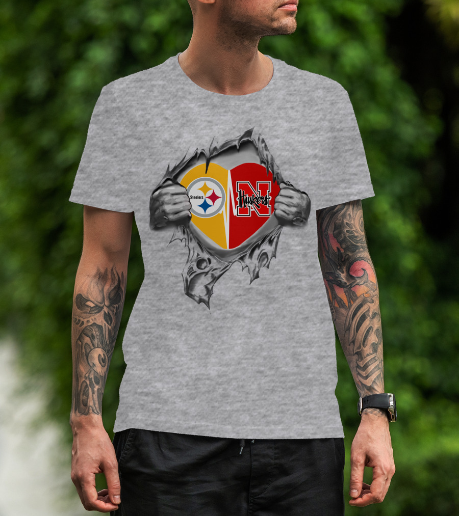 Steelers Huskers Heart Logo Torn Shirt Scene T-Shirt