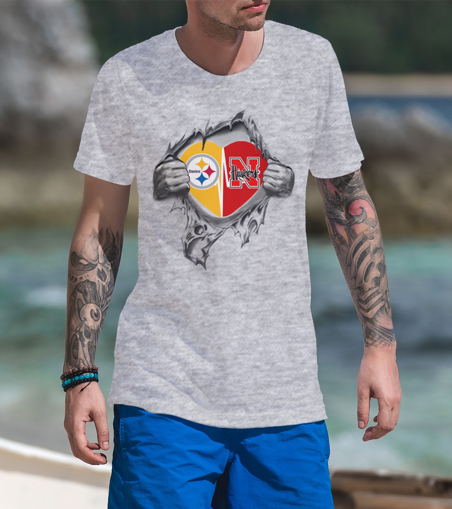 Steelers Huskers Heart Logo Torn Shirt Scene T-Shirt