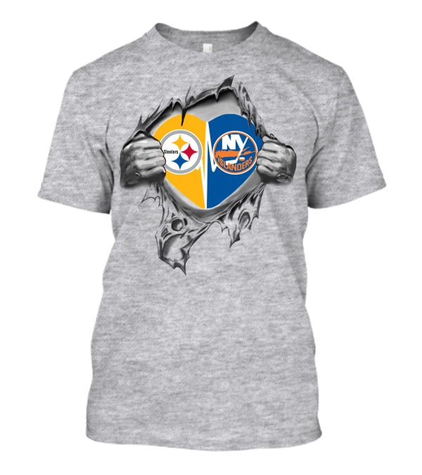 Steelers Islanders Heart Logos Ripping Open With Hands T-Shirt