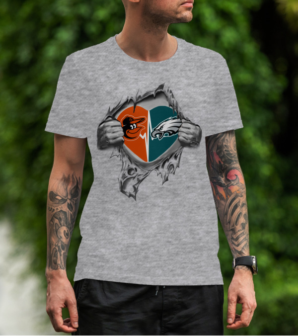 Eagles Orioles Heart Logos Torn Reveal T-Shirt