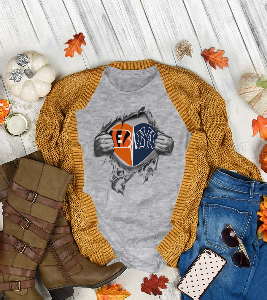 Bengals Yankees Split Heart with Hands Ripping T-Shirt