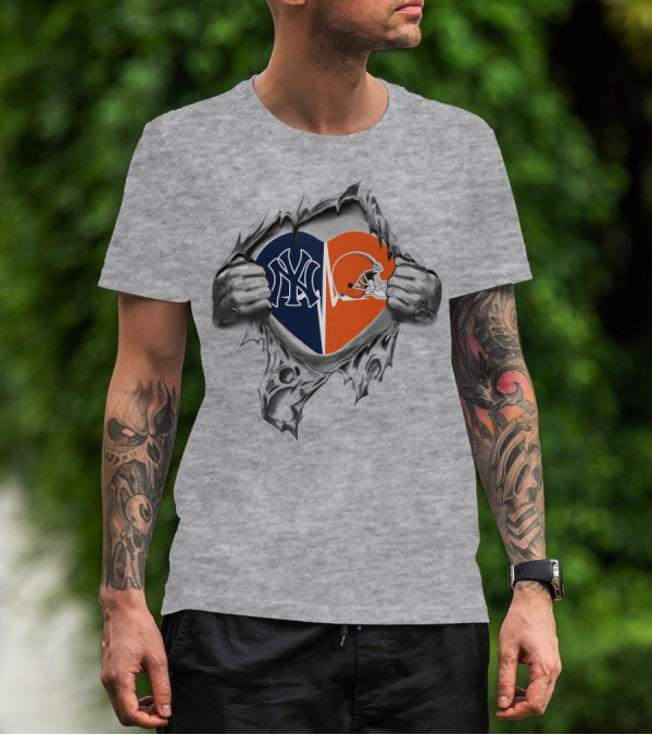 Browns Yankees Heart With Ripped Hands T-Shirt