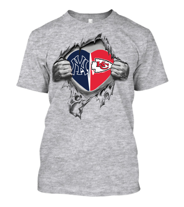 Chiefs Yankees Heart Logo Split With Hands Ripping Wall T-Shirt
