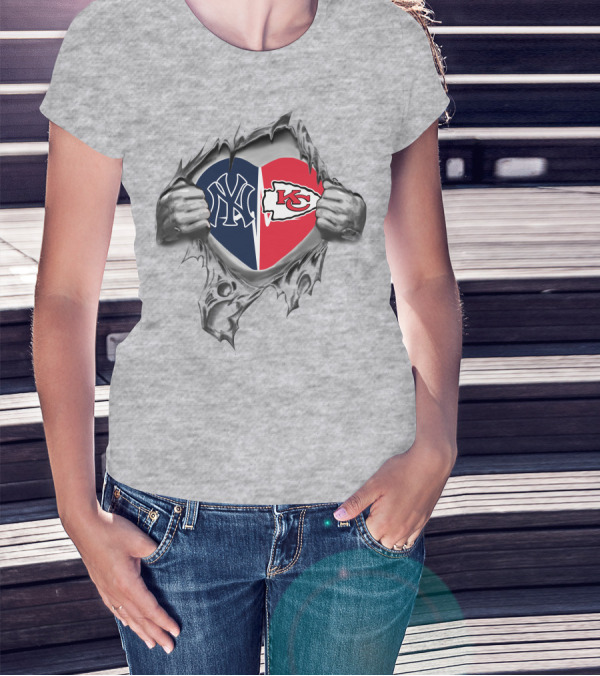 Chiefs Yankees Heart Logo Split With Hands Ripping Wall T-Shirt