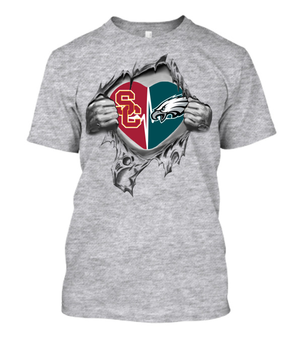 Philadelphia Eagles USC Trojans Heart In Hands Logo Fusion T-Shirt