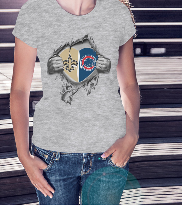 Saints Cubs Heart Split With Fleur-de-Lis And Bear T-Shirt