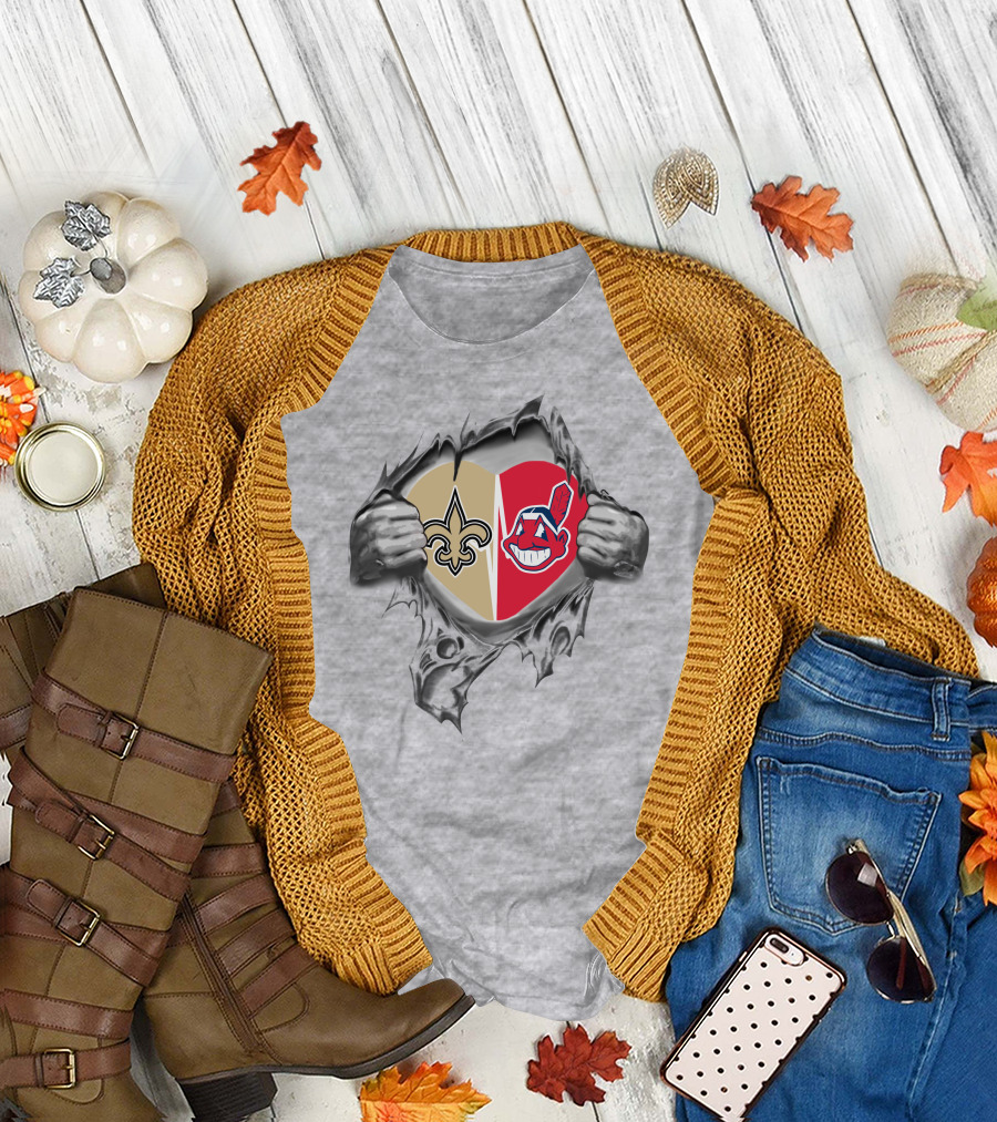 Saints Indians Heart with NFL Fleur-de-Lis and Chief T-Shirt