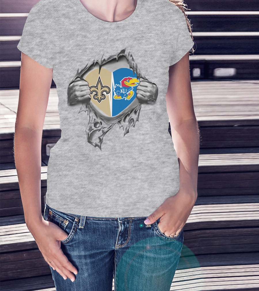 Saints Kansas Jayhawks Heart Together Inside Ripped T-Shirt